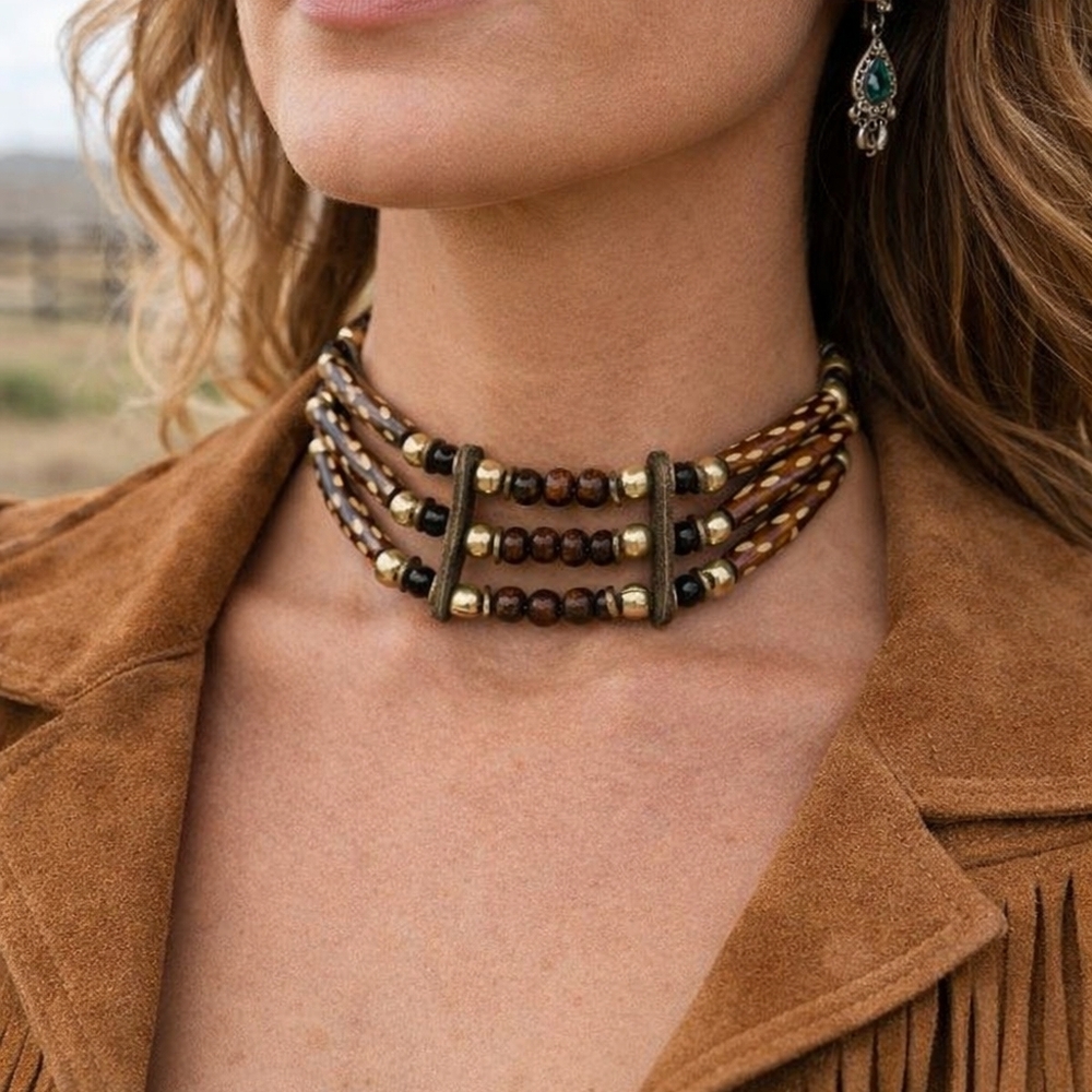 Native American Style Choker Necklace Ceramic‎ Beaded Tribal Ethnic Bohemian